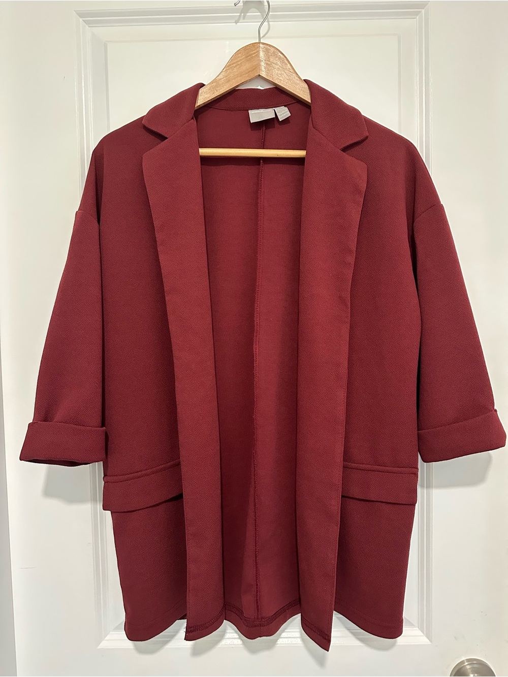 ASOS Open Front Longline Oversized Blazer in Burgundy 3/4 Length Sleeves